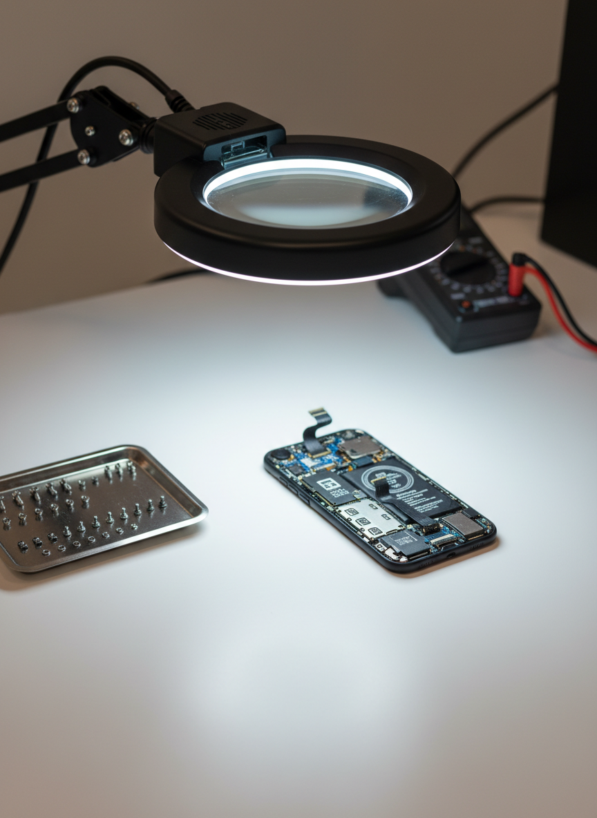 A close-up, photographic realism scene of an iPhone placed under a sleek magnifying lamp on a spotless white repair bench. The phone’s display is partially lifted, revealing the intricate internal components, screws organized in a magnetic tray nearby, and a compact digital multimeter in the background. Cool, diffused LED lighting from the magnifier forms a bright circular pool of light on the device, with the rest of the room gently fading into soft focus. Captured at eye level with a tight composition, the mood is precise, technical, and trustworthy, conveying expert diagnostics and attention to every tiny detail in a clean, modern service environment.