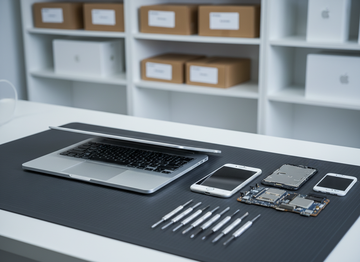 A meticulously arranged workspace dedicated to Apple device repair, featuring an open silver MacBook Pro, a disassembled iPhone, and a neatly aligned set of precision screwdrivers on a matte dark-gray anti‑static mat. The background shows clean white shelving with labeled boxes of components and minimalist Apple-style packaging, softly blurred. Neutral, cool studio lighting from above and slightly to the left creates crisp reflections on the aluminum surfaces and subtle shadows around the tools. Shot from a slightly elevated, three-quarter angle with shallow depth of field, the composition feels orderly, modern, and highly professional, emphasizing reliability and urgent yet careful service in a photographic realism style.