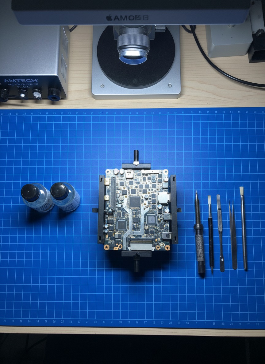 A detailed top-down photographic view of a dedicated Apple logic board repair station, showing a blue anti‑static mat with a MacBook motherboard secured in a small PCB holder, bottles of high-end flux and isopropyl alcohol, and fine-tipped soldering tools arranged with geometric precision. A compact hot air station and microscope base sit at the top edge of the frame, slightly out of focus to suggest depth. Bright, cool, shadowless LED panel lighting illuminates every trace and chip on the board, emphasizing texture and metallic details. The composition is graphic and structured, with a technical, expert atmosphere that communicates deep-level board repair capabilities and specialist equipment.