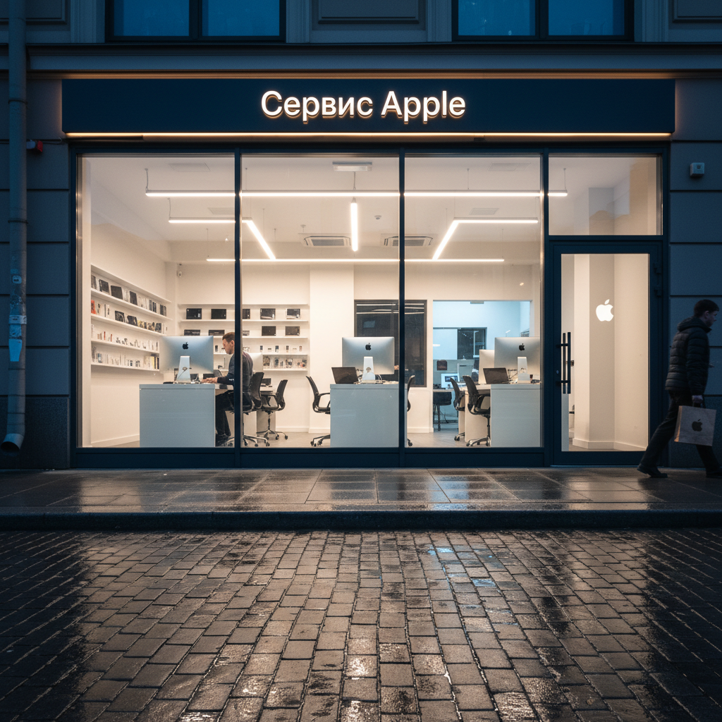 An atmospheric evening scene of a street-level Apple repair workshop facade in Saint Petersburg, viewed from across a clean sidewalk. The glass door and wide display window reveal a bright, minimalist interior with white workbenches and glowing monitors, while outside signage in a modern sans-serif font reads “Сервис Apple” with a subtle backlight. Cool exterior ambient light mixes with the warm interior glow, creating a welcoming contrast. Photographed in photographic realism from a slightly low, wide-angle perspective, cobblestones and light reflections add texture. The mood is reassuring and accessible, suggesting late-hour urgent repairs, professionalism, and a modern urban presence.
