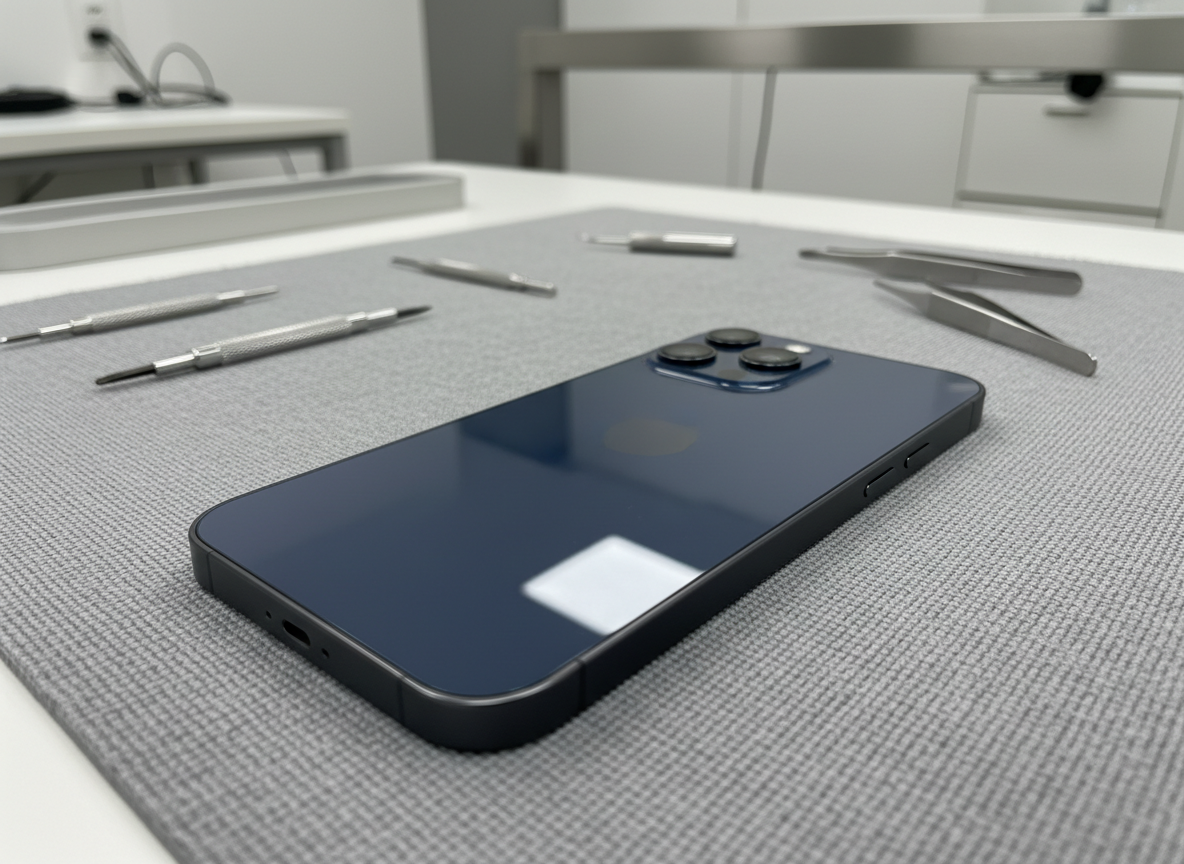 close-up of an iPhone 16 Pro Max seen from the back, in a modern Apple-style service center, the rear glass looks perfectly restored with a subtle reflection, neutral light, clean professional look, no logos, no people, focus on the phone lying on a soft repair mat with tools slightly blurred in the background